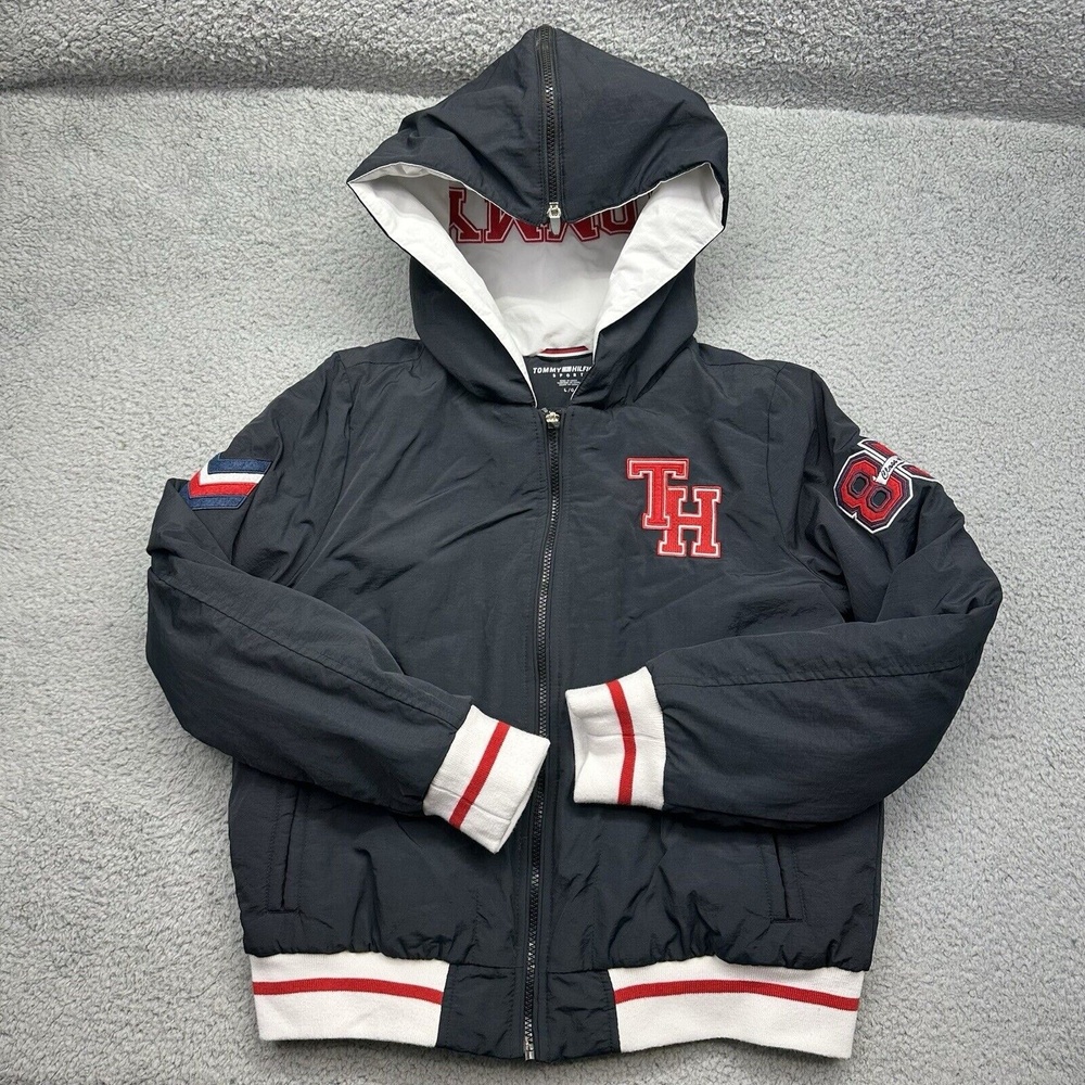 Tommy Hilfiger Sport TP94476J Women's Large Black Varsity TH Patch Hoodie Jacket
